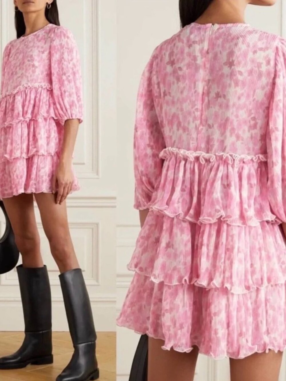 GANNI Tiered Ruffled Floral-Print Plissé-Georgette Mini Dress Pink Size 38